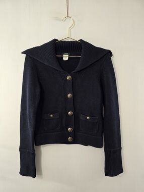 J Crew Cotton Angora Rabbit Hair Fur Nautical Chunky Knit Cardigan Button Up S